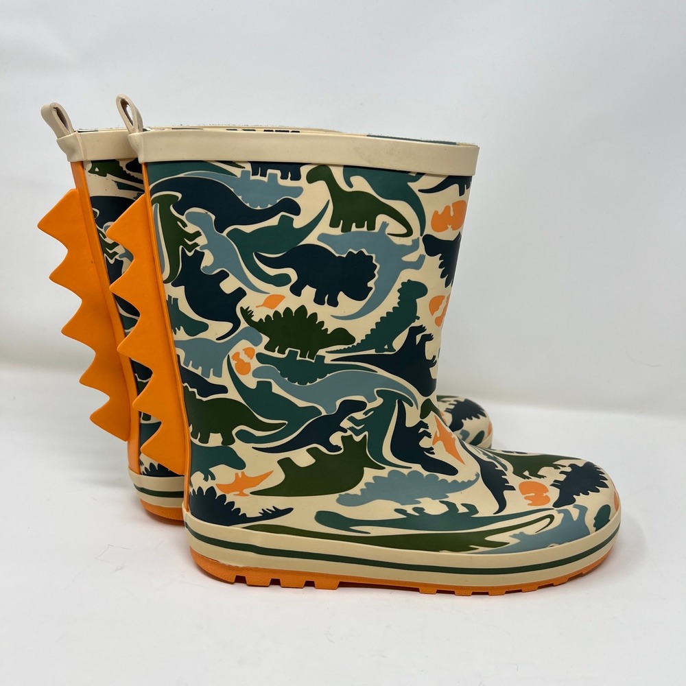 FabKids Dinosaur Camo Rain Boots Orange Spikes Fins Boys Girls Size 4 Green Blue